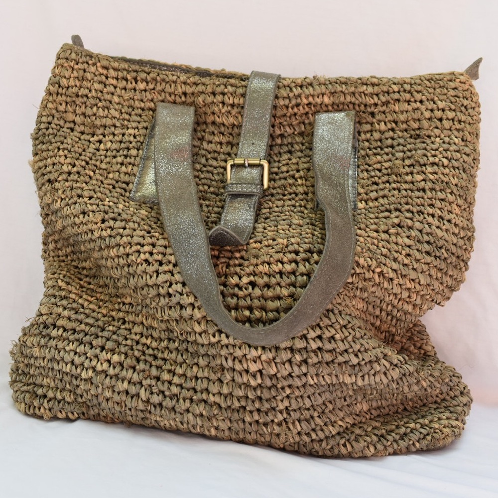Flora Bella raffia and metallic leather tote